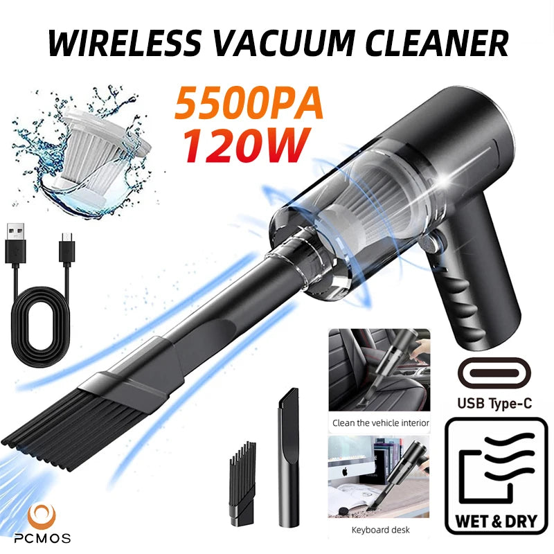 PCMOS PowerClean 120W – Wireless High-Performance Vacuum for Home & Car (Black)